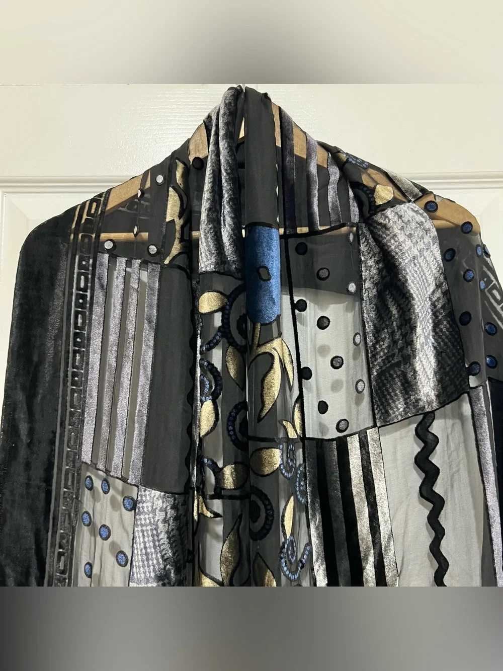 Silk/Rayon Black Burnout Velvet Patterned Fringe Detail Long Scarf Shawl